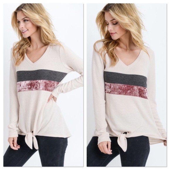 Taupe Crushed Velvet Color Block Top - Picture 2 of 3